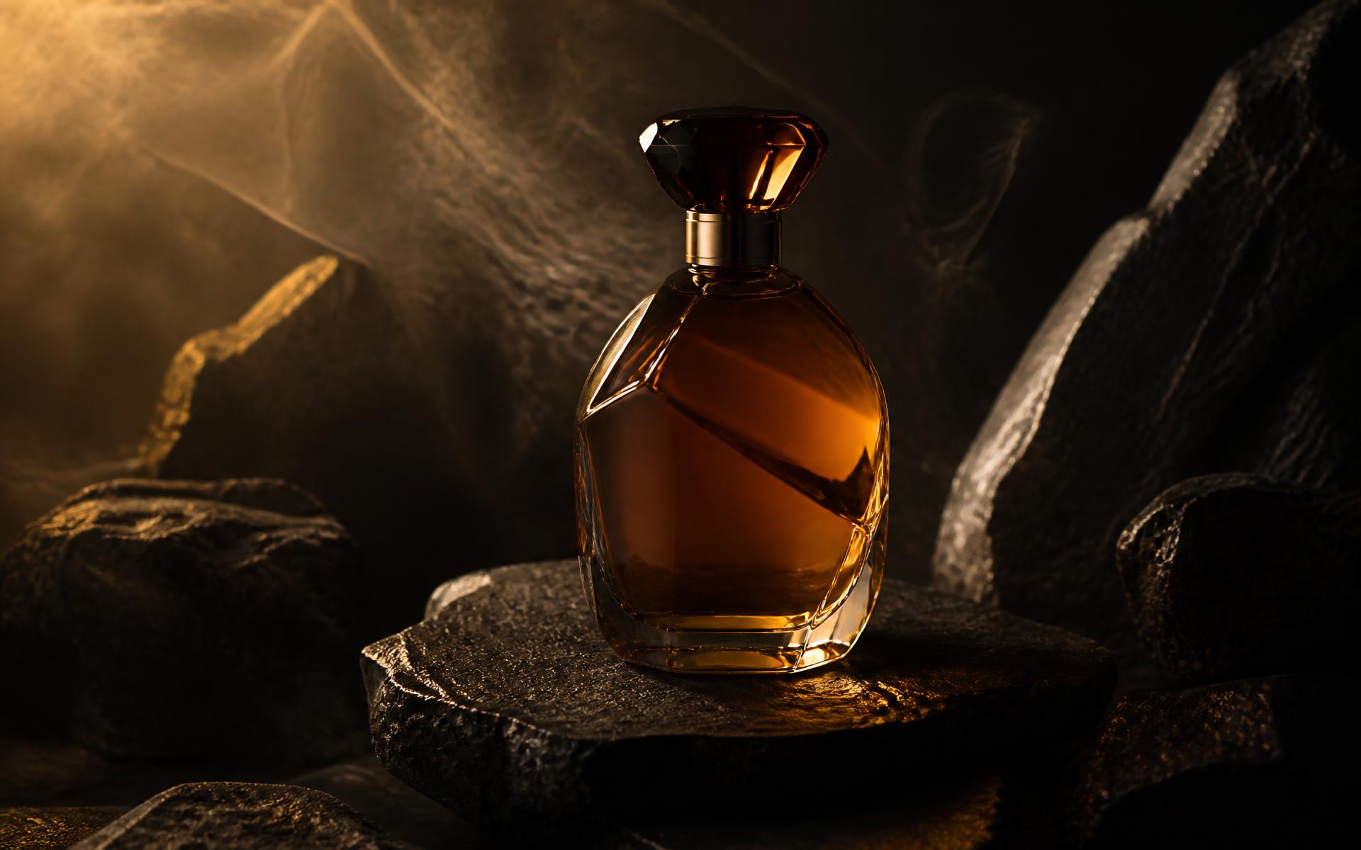 Amber fragrance bottle lit by warm golden light on dark stone