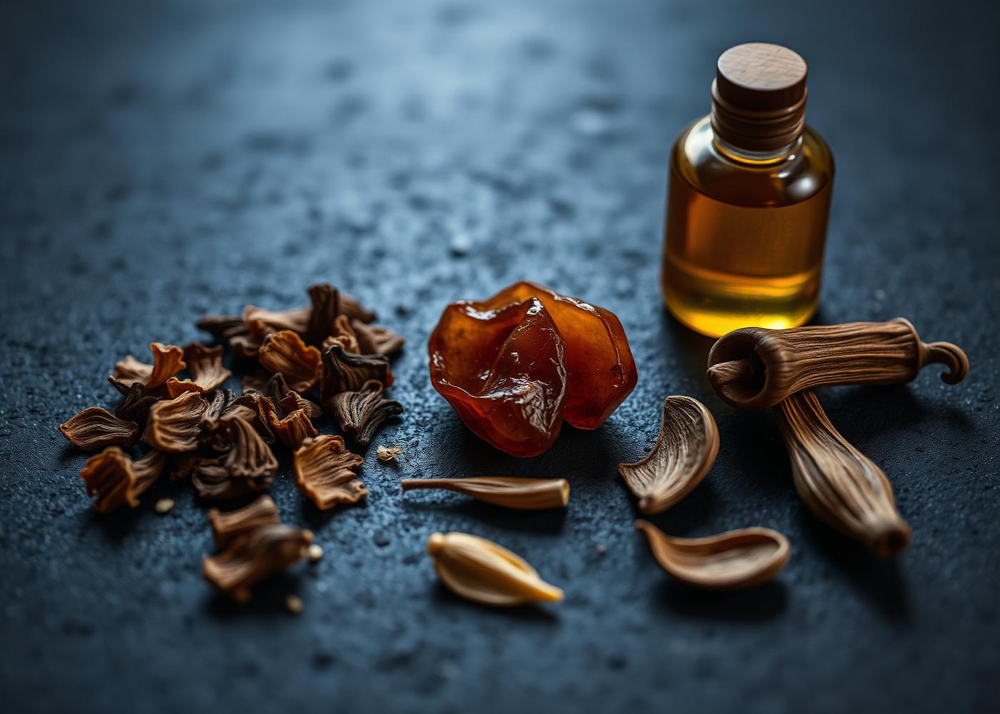 Oud wood, amber resin and vanilla pods on a dark surface